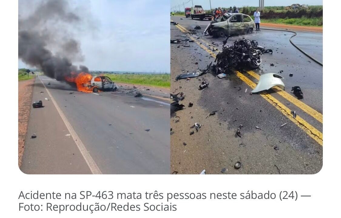 Batida frontal entre carro e moto deixa 3 mortos na SP-463 em Santo Antônio do Aracanguá