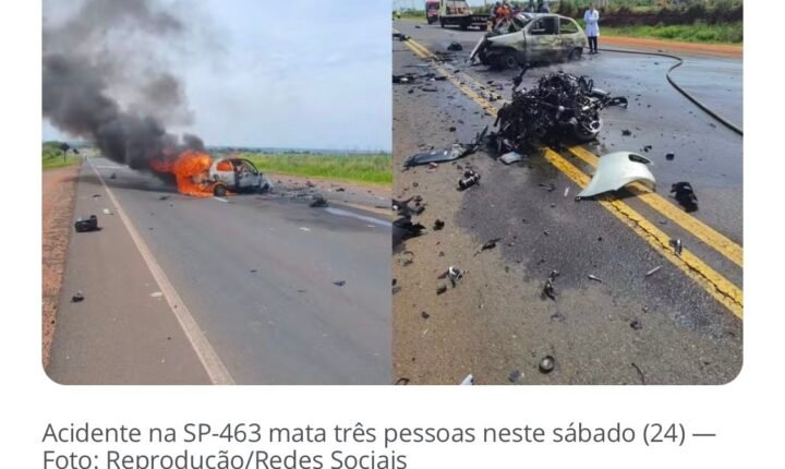 Batida frontal entre carro e moto deixa 3 mortos na SP-463 em Santo Antônio do Aracanguá