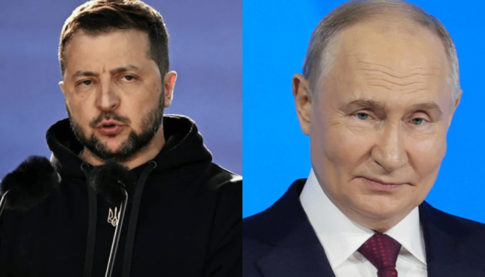 Presidente da Ucrânia, Volodymyr Zelensky, e o líder russo, Vladimir Putin EFE/EPA/FILIP SINGER...