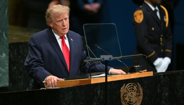 Presidente dos EUA, Donald Trump, na Assembleia Geral da ONU, nesta terça-feira (22) ANGELA WEIS...
