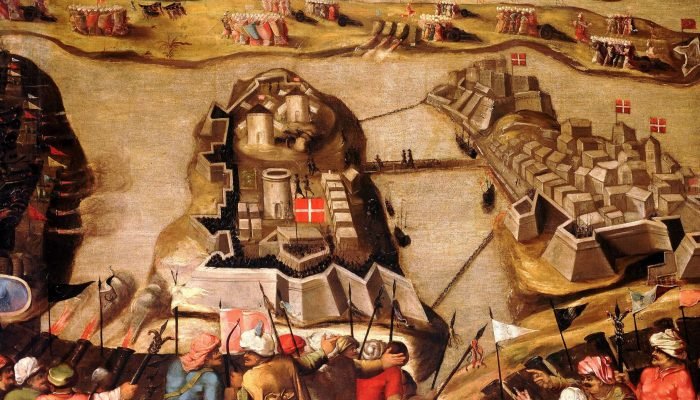 Pintura de Matteo Pérez de Alesio mostra o ataque turco ao forte de São Miguel, durante o Cerco...